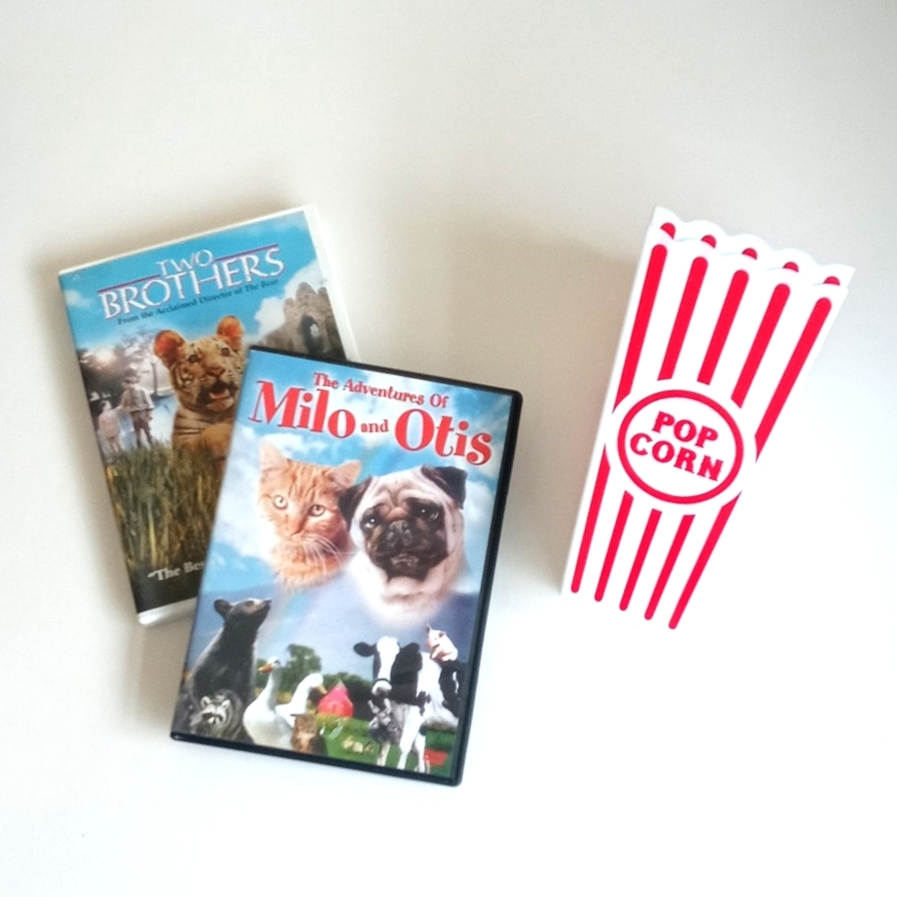 Milo & Otis & Two Brothers DVDs Bundle & 2 New Reusable Popcorn Containers